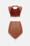 Cropped Sleeveless Top and Skirt Set with Rhinestone Fringe