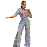 Lapel Wide-Leg Pants Sexy Slim-Fit Printed Jumpsuit
