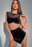 Cropped Sleeveless Top and Skirt Set with Rhinestone Fringe